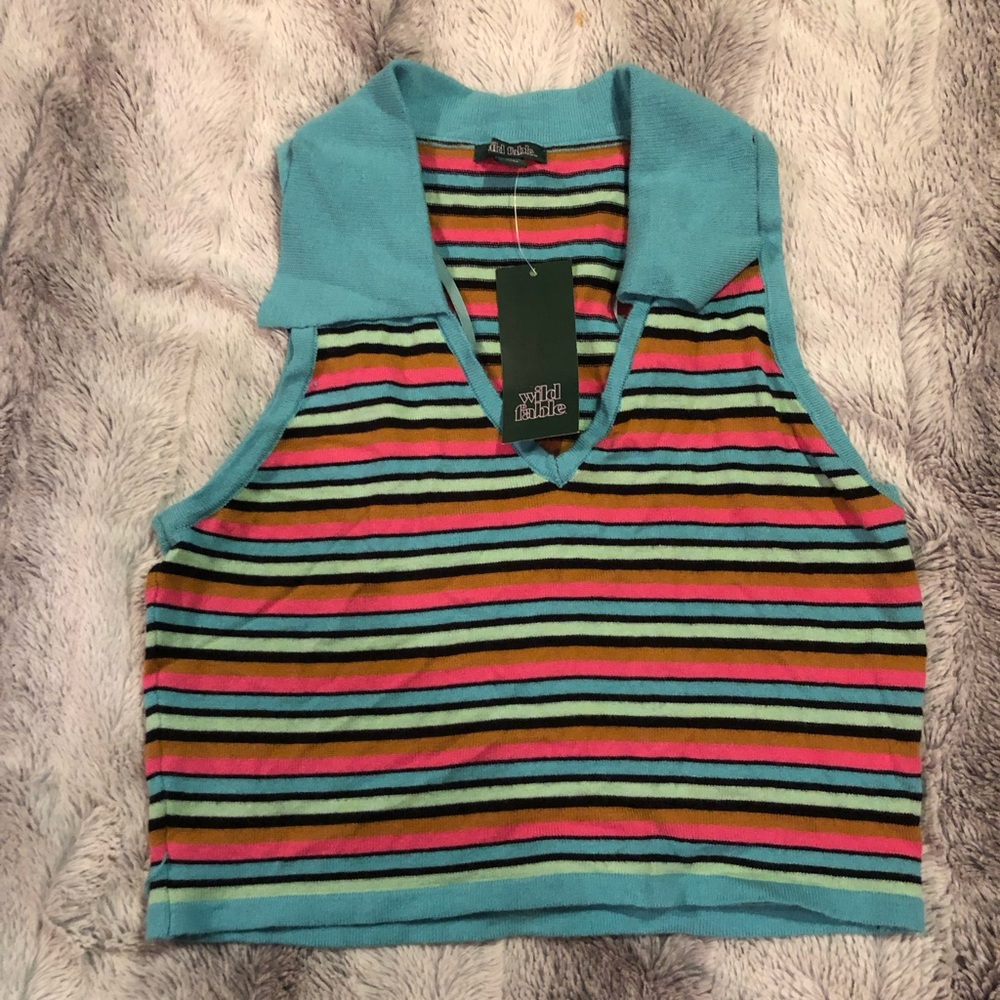 Wild Fable Cropped Polo Sweater Tank Top Jacquard Striped M Collared Sleeveless